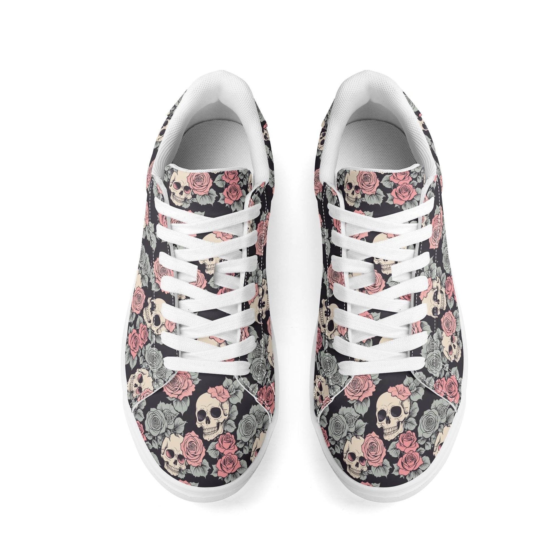 Skull and Pink Rose Adult Lightweight Brand Low Top Leather Shoes - DeRose Seasonal