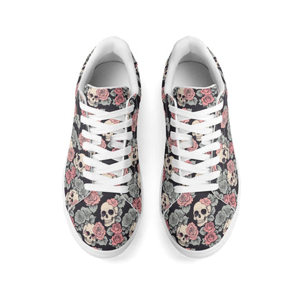 Skull and Pink Rose Adult Lightweight Brand Low Top Leather Shoes - DeRose Seasonal