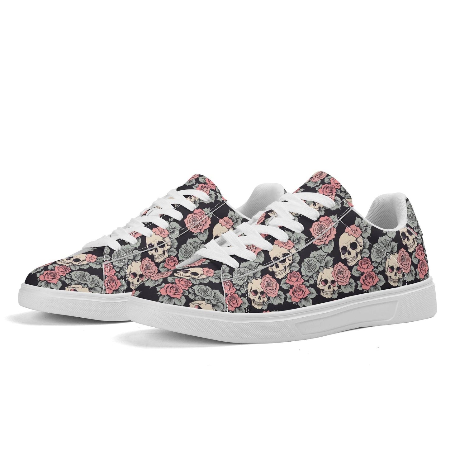 Skull and Pink Rose Adult Lightweight Brand Low Top Leather Shoes - DeRose Seasonal