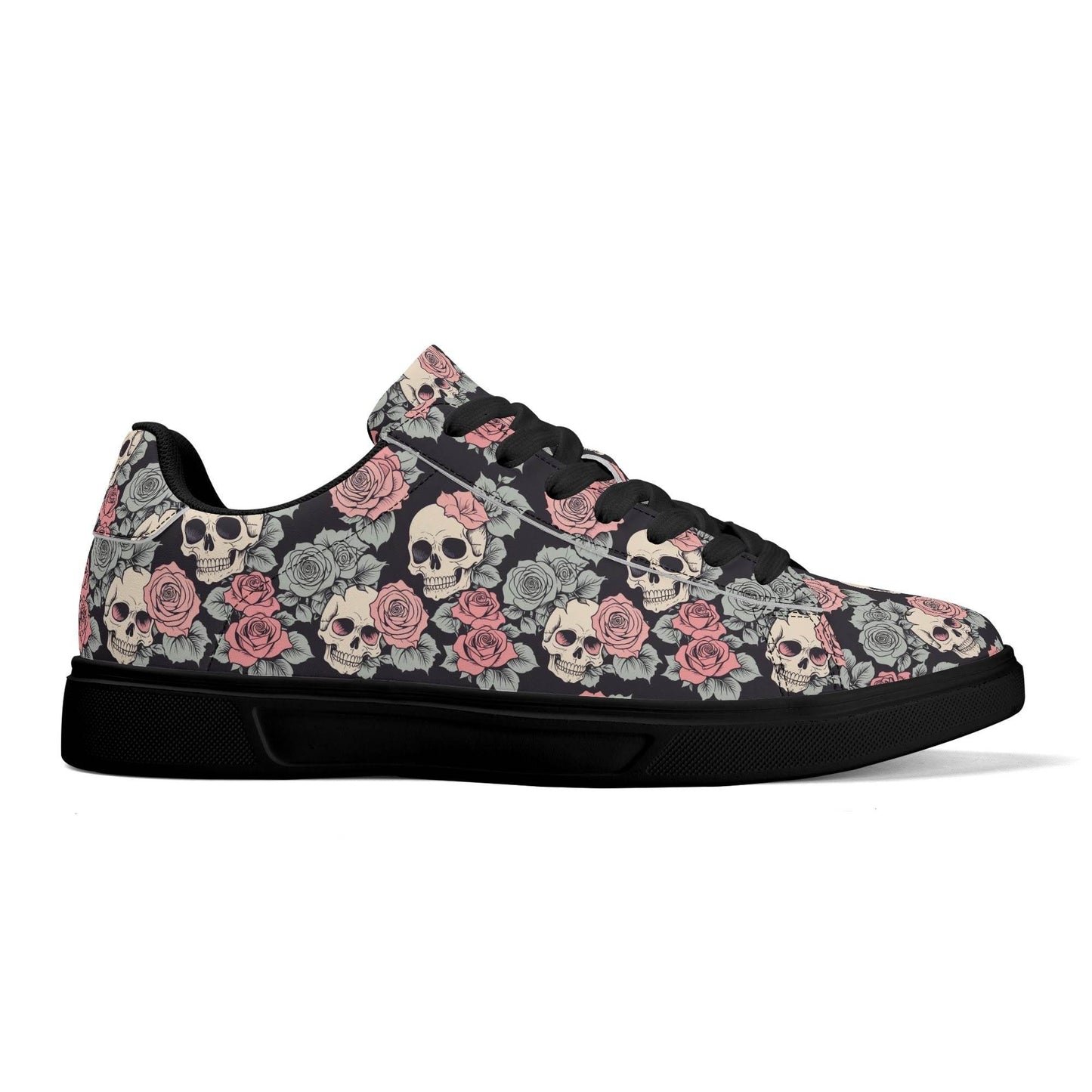 Skull and Pink Rose Adult Lightweight Brand Low Top Leather Shoes - DeRose Seasonal