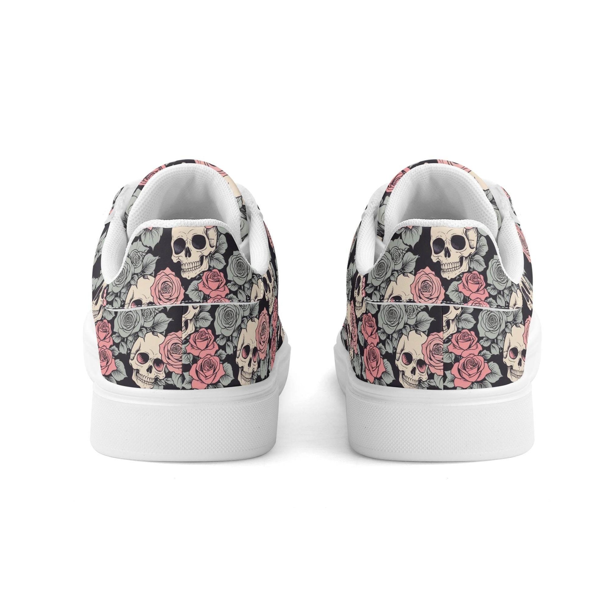 Skull and Pink Rose Adult Lightweight Brand Low Top Leather Shoes - DeRose Seasonal