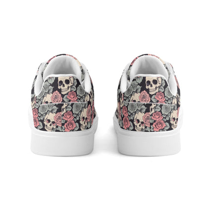 Skull and Pink Rose Adult Lightweight Brand Low Top Leather Shoes - DeRose Seasonal