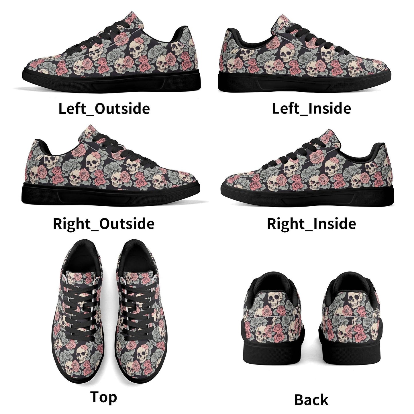 Skull and Pink Rose Adult Lightweight Brand Low Top Leather Shoes - DeRose Seasonal