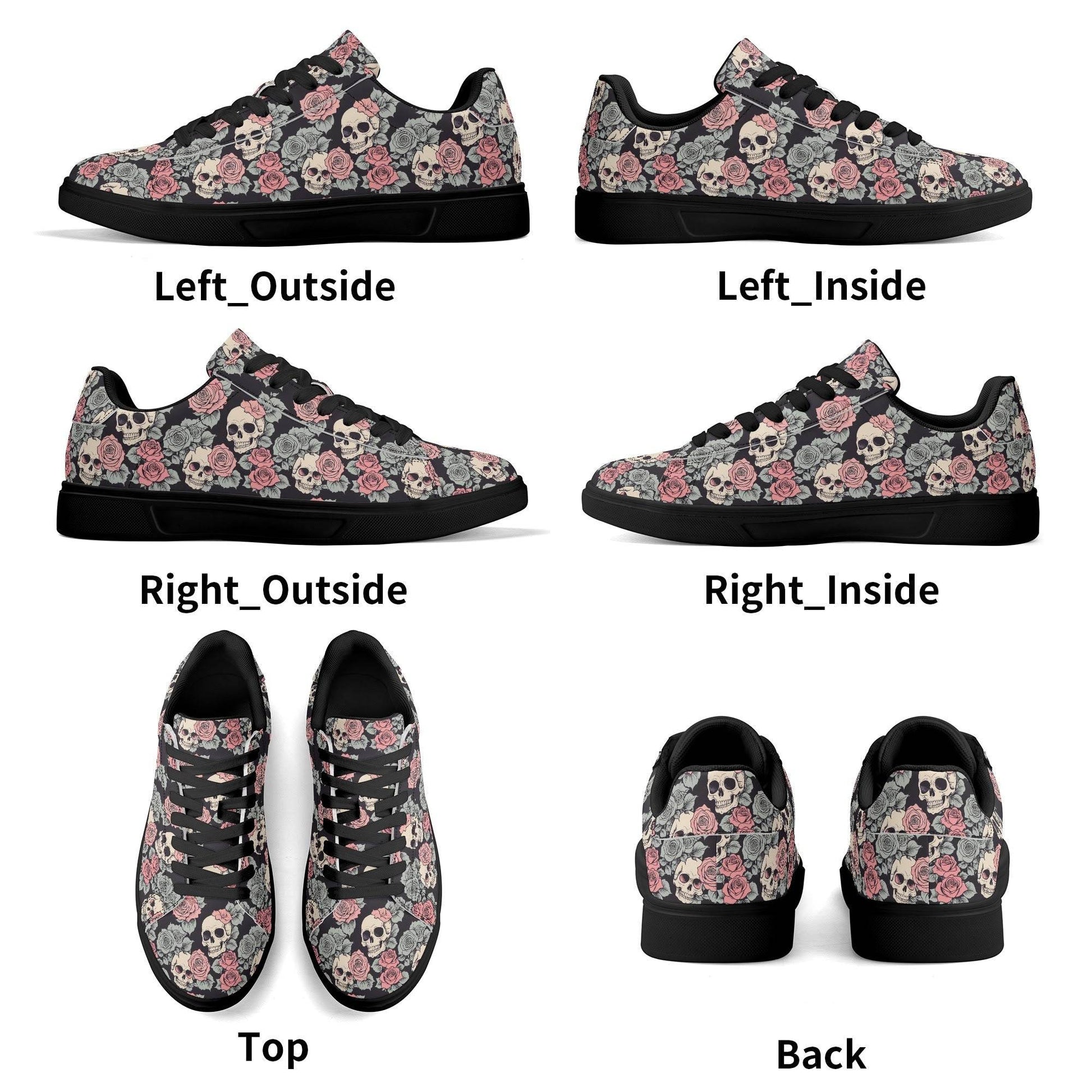 Skull and Pink Rose Adult Lightweight Brand Low Top Leather Shoes - DeRose Seasonal