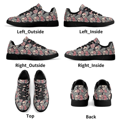 Skull and Pink Rose Adult Lightweight Brand Low Top Leather Shoes - DeRose Seasonal