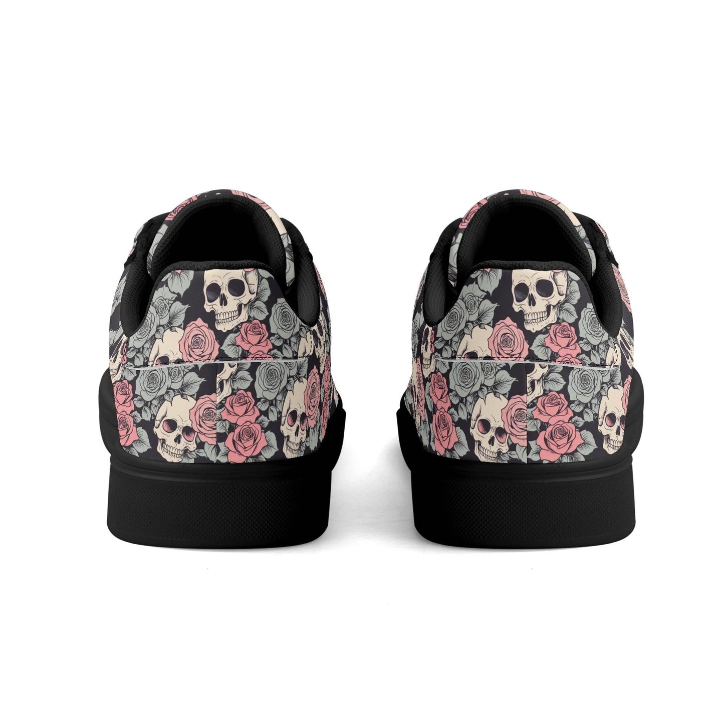 Skull and Pink Rose Adult Lightweight Brand Low Top Leather Shoes - DeRose Seasonal