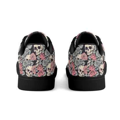 Skull and Pink Rose Adult Lightweight Brand Low Top Leather Shoes - DeRose Seasonal