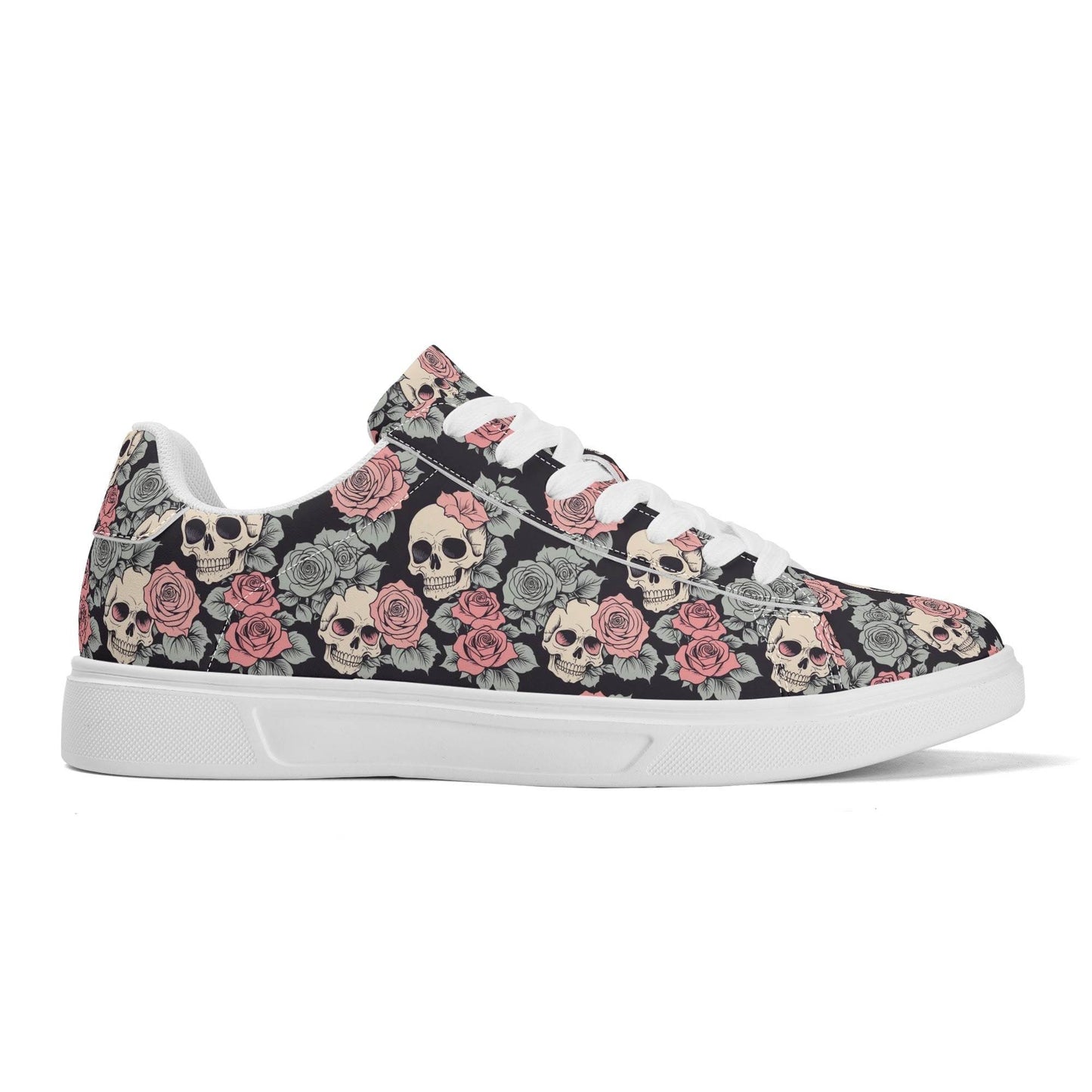Skull and Pink Rose Adult Lightweight Brand Low Top Leather Shoes - DeRose Seasonal