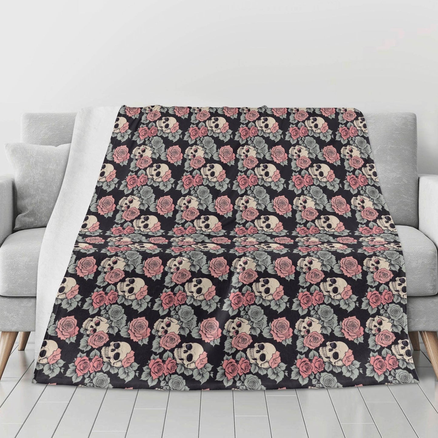 Skull and Pink Rose Flannel Breathable Blanket 4 Sizes - DeRose Seasonal