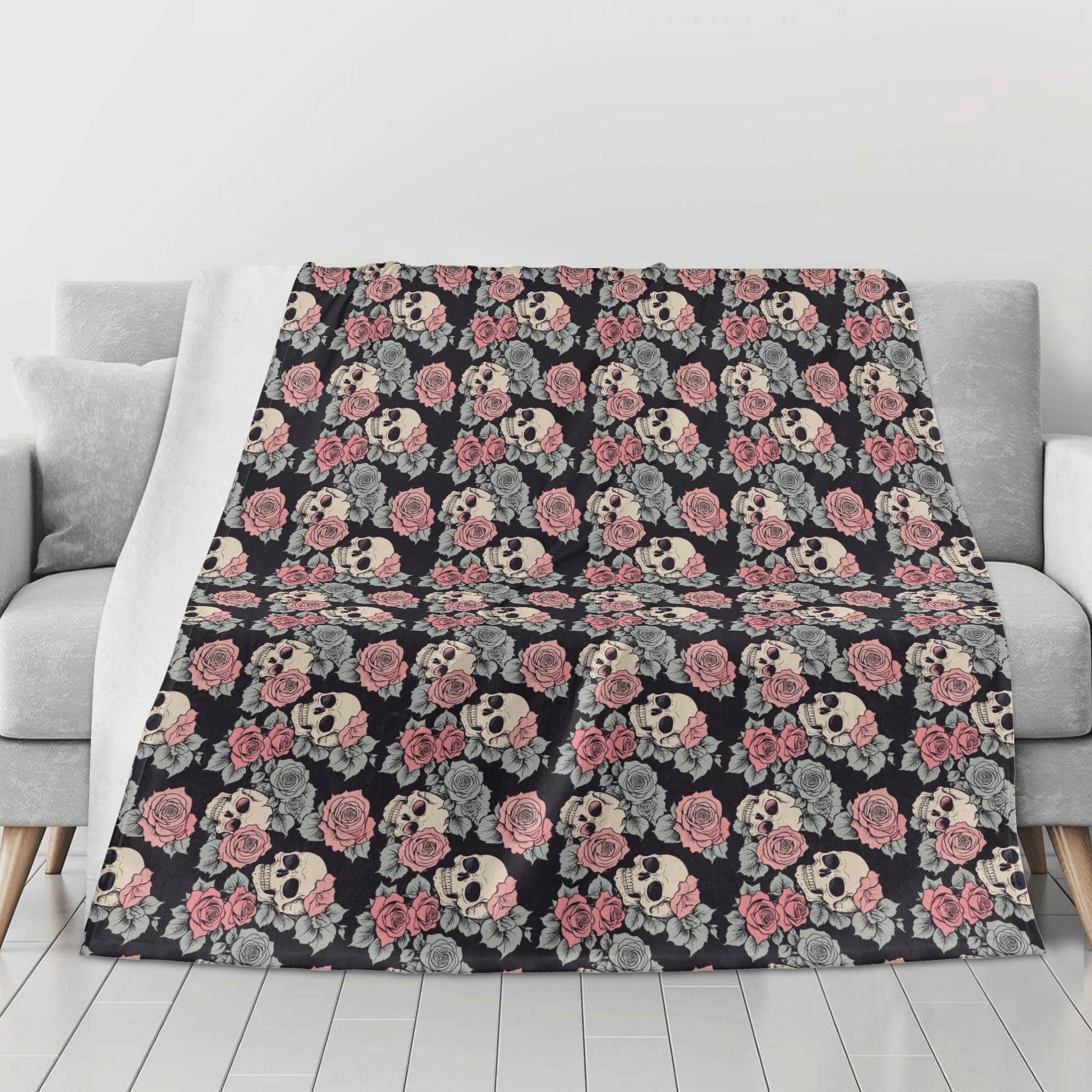 Skull and Pink Rose Flannel Breathable Blanket 4 Sizes - DeRose Seasonal