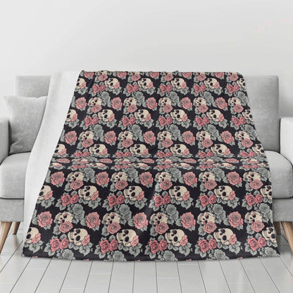 Skull and Pink Rose Flannel Breathable Blanket 4 Sizes - DeRose Seasonal