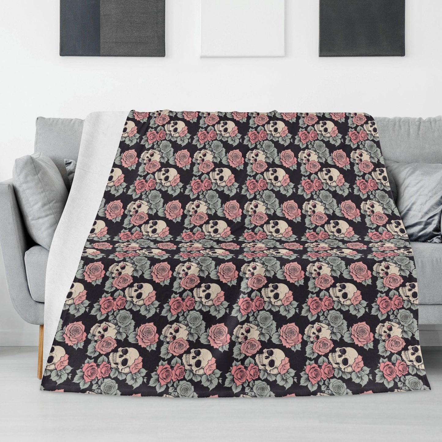Skull and Pink Rose Flannel Breathable Blanket 4 Sizes - DeRose Seasonal