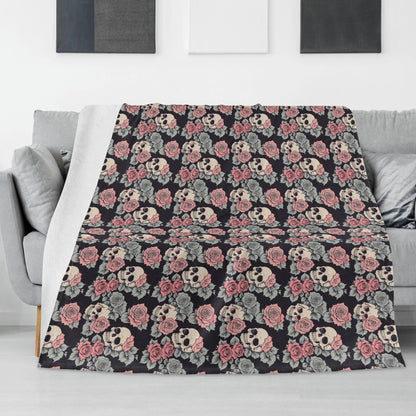 Skull and Pink Rose Flannel Breathable Blanket 4 Sizes - DeRose Seasonal