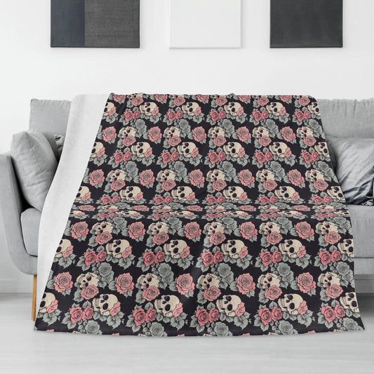 Skull and Pink Rose Flannel Breathable Blanket 4 Sizes - DeRose Seasonal