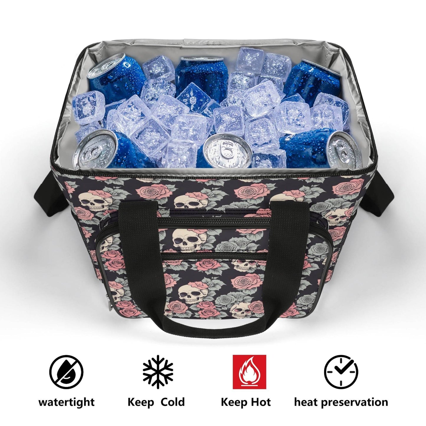Skull and Pink Rose Insulated Leakproof Cooler Bag Lunch Box - DeRose Seasonal