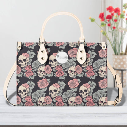 Skull and Pink Rose Luxury Women's Leather Handbag - DeRose Seasonal