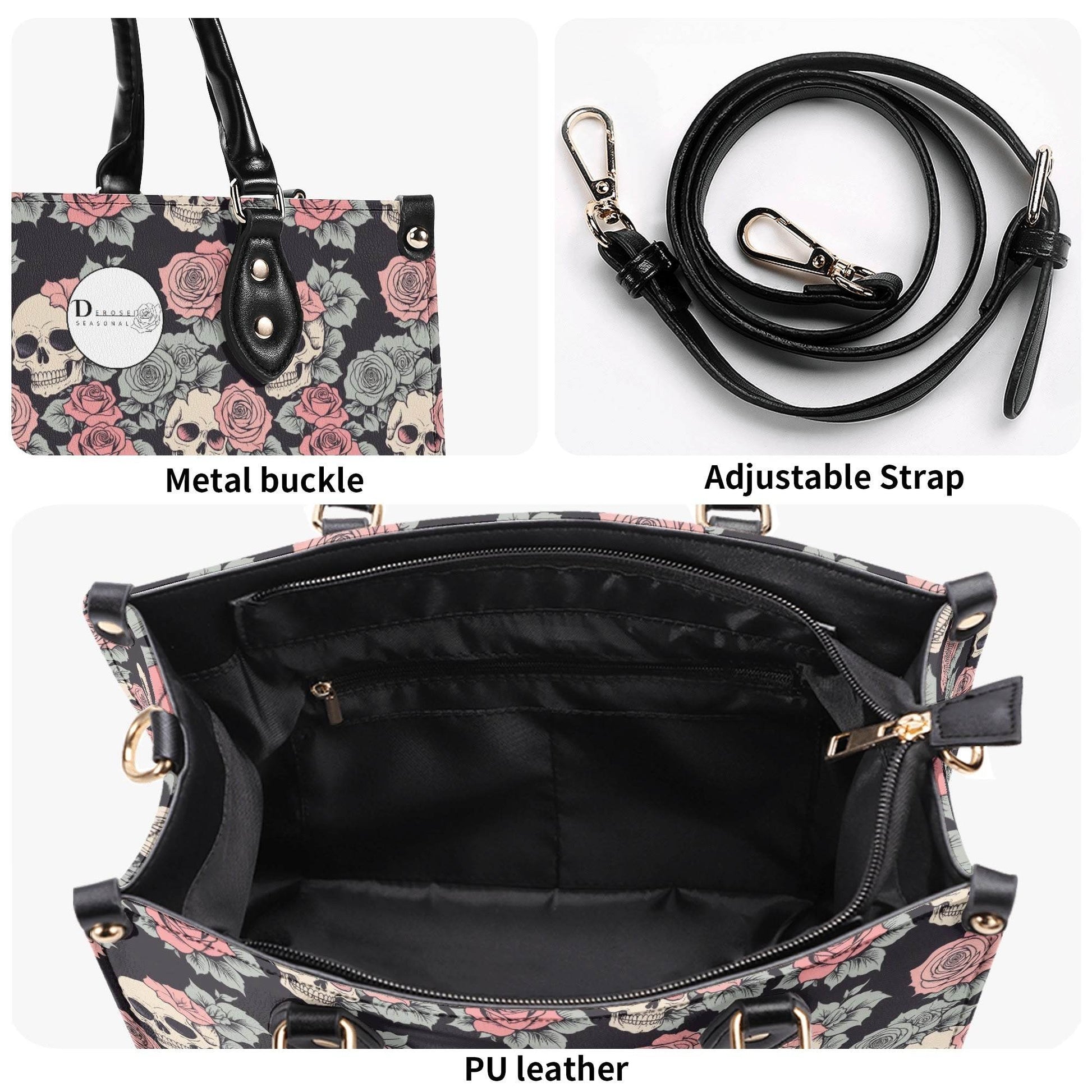 Skull and Pink Rose Luxury Women's Leather Handbag - DeRose Seasonal