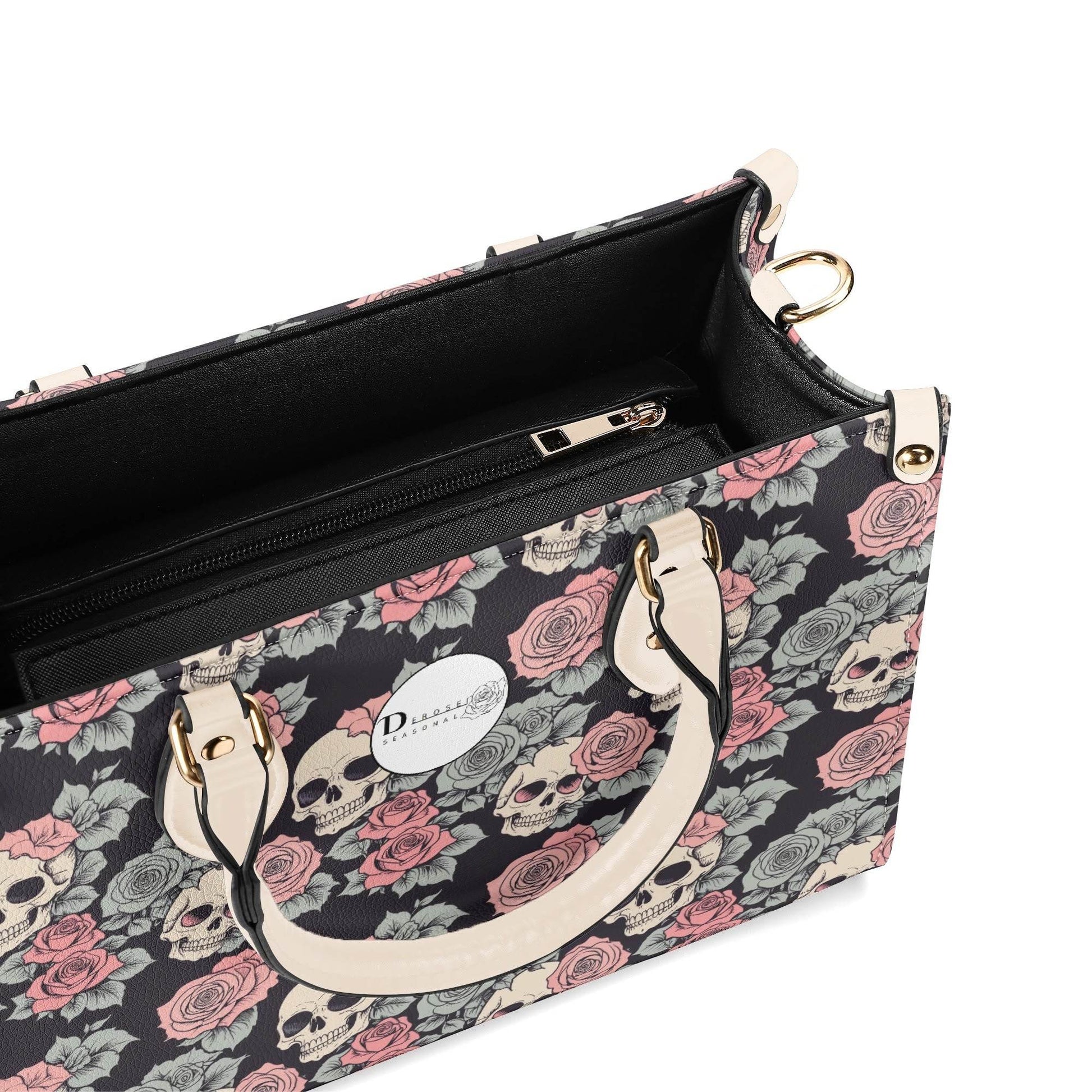 Skull and Pink Rose Luxury Women's Leather Handbag - DeRose Seasonal