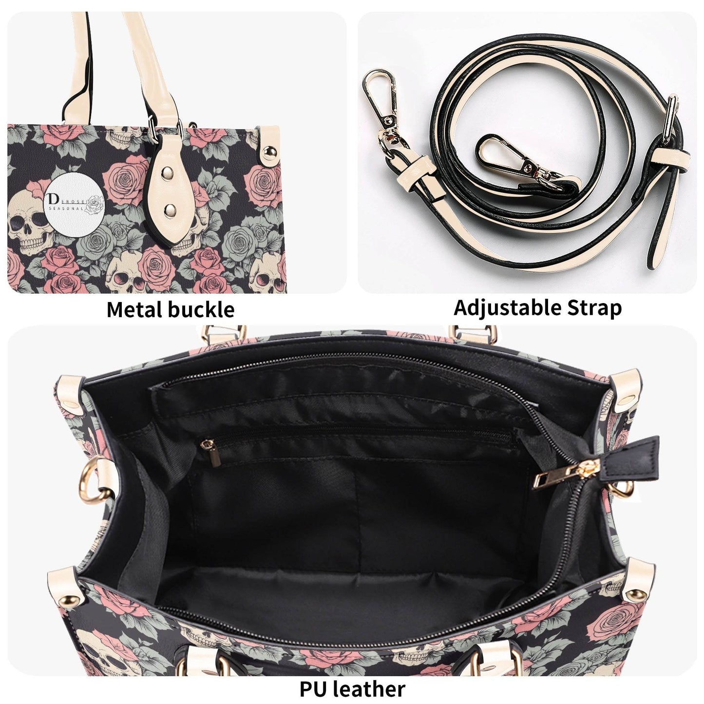 Skull and Pink Rose Luxury Women's Leather Handbag - DeRose Seasonal
