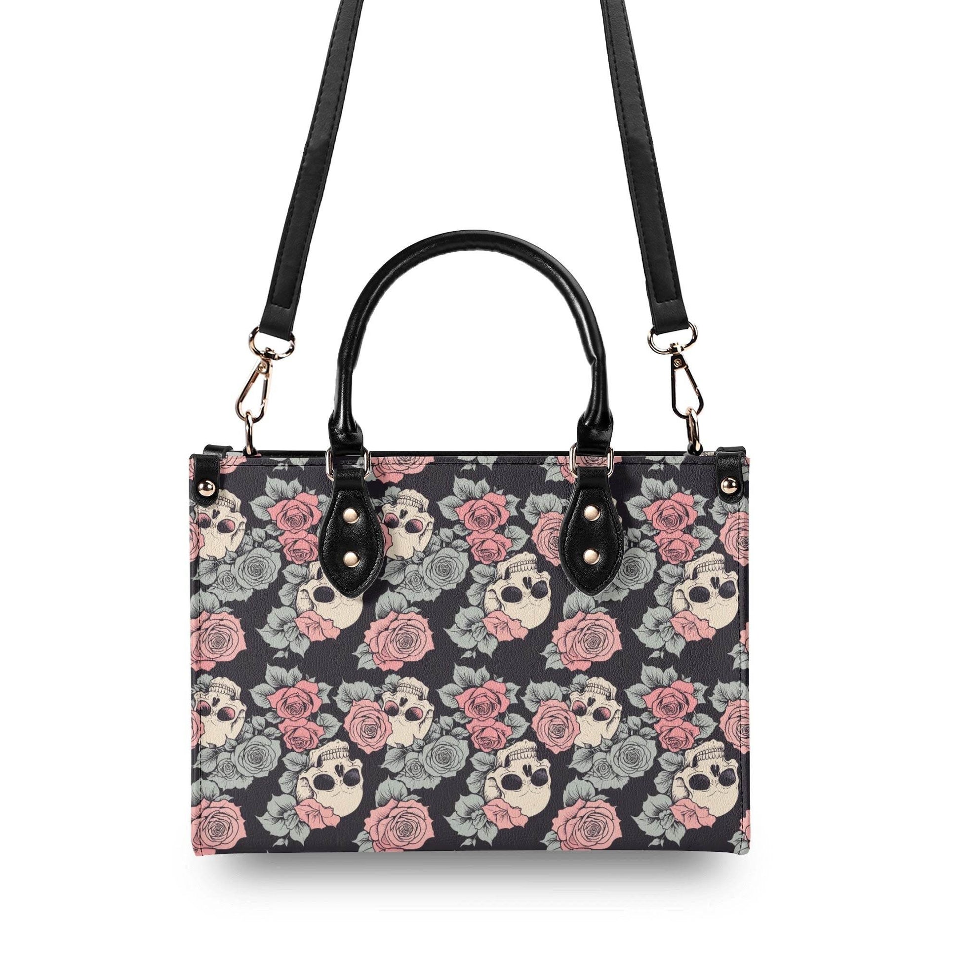 Skull and Pink Rose Luxury Women's Leather Handbag - DeRose Seasonal