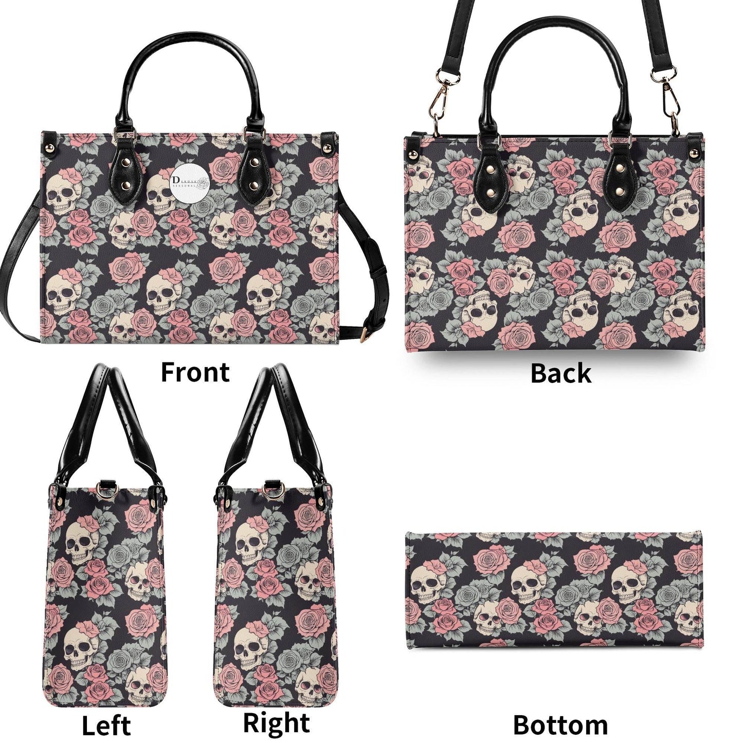 Skull and Pink Rose Luxury Women's Leather Handbag - DeRose Seasonal