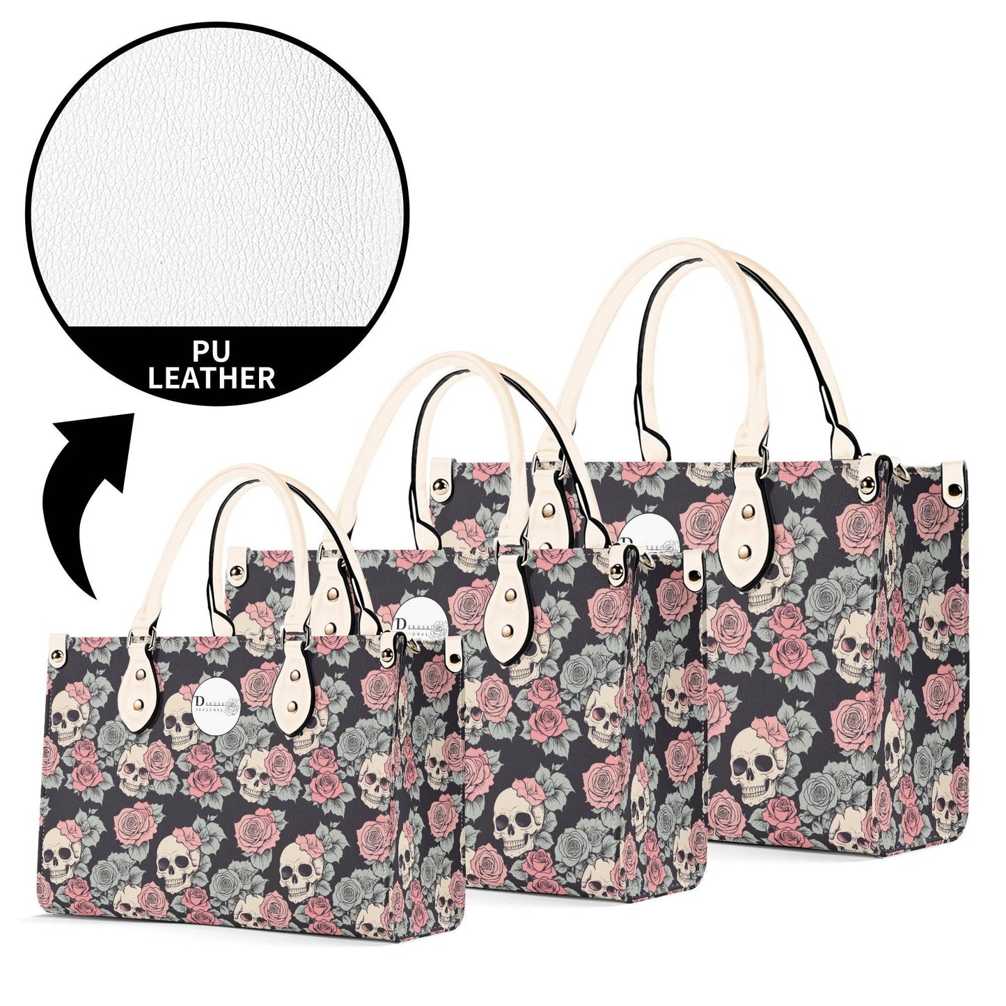 Skull and Pink Rose Luxury Women's Leather Handbag - DeRose Seasonal