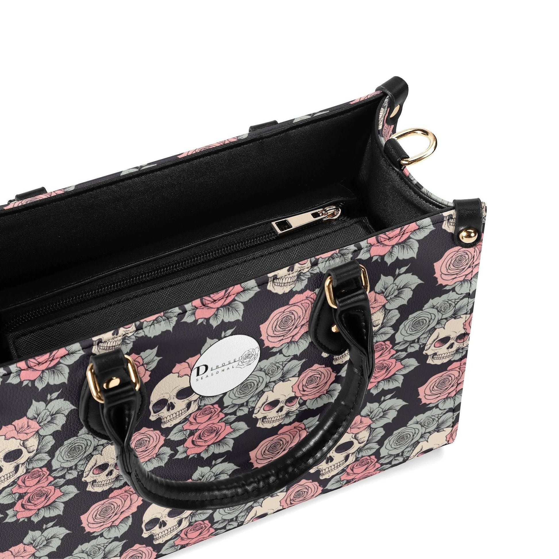 Skull and Pink Rose Luxury Women's Leather Handbag - DeRose Seasonal