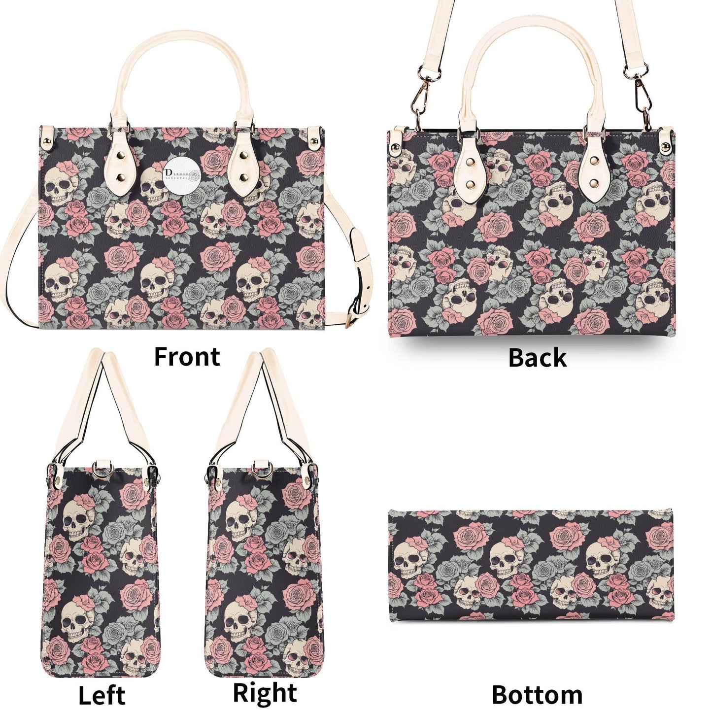 Skull and Pink Rose Luxury Women's Leather Handbag - DeRose Seasonal