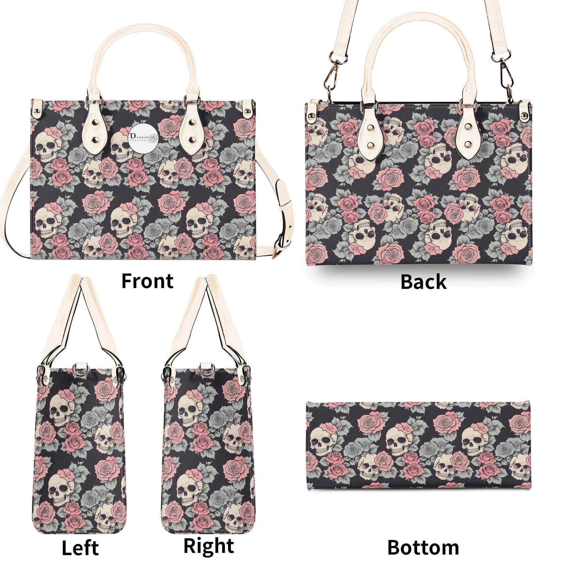 Skull and Pink Rose Luxury Women's Leather Handbag - DeRose Seasonal