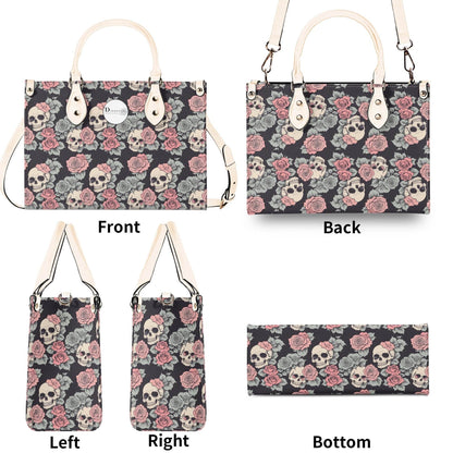 Skull and Pink Rose Luxury Women's Leather Handbag - DeRose Seasonal