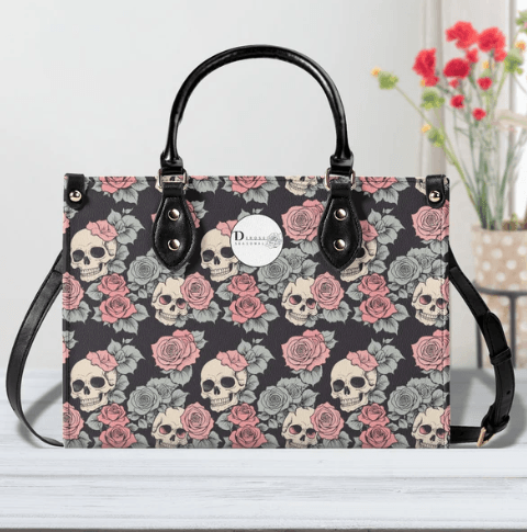 Skull and Pink Rose Luxury Women's Leather Handbag - DeRose Seasonal