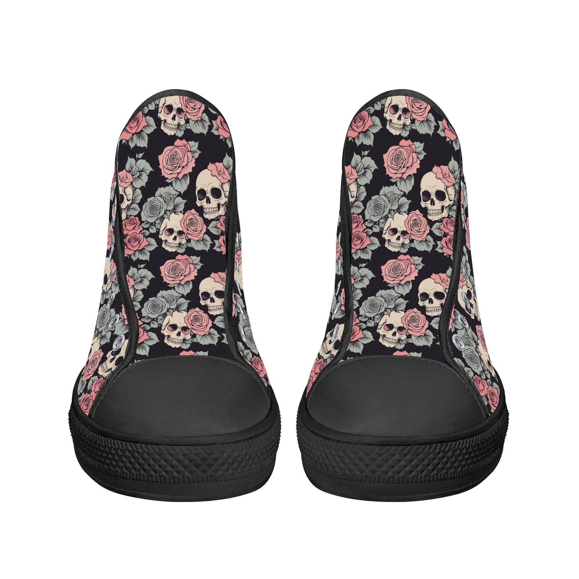 Skull and Pink Rose Men's High Top Canvas Shoes - DeRose Seasonal