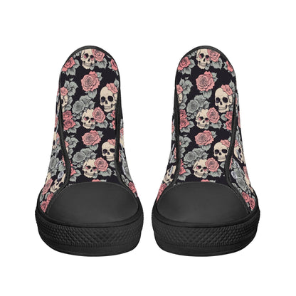 Skull and Pink Rose Men's High Top Canvas Shoes - DeRose Seasonal