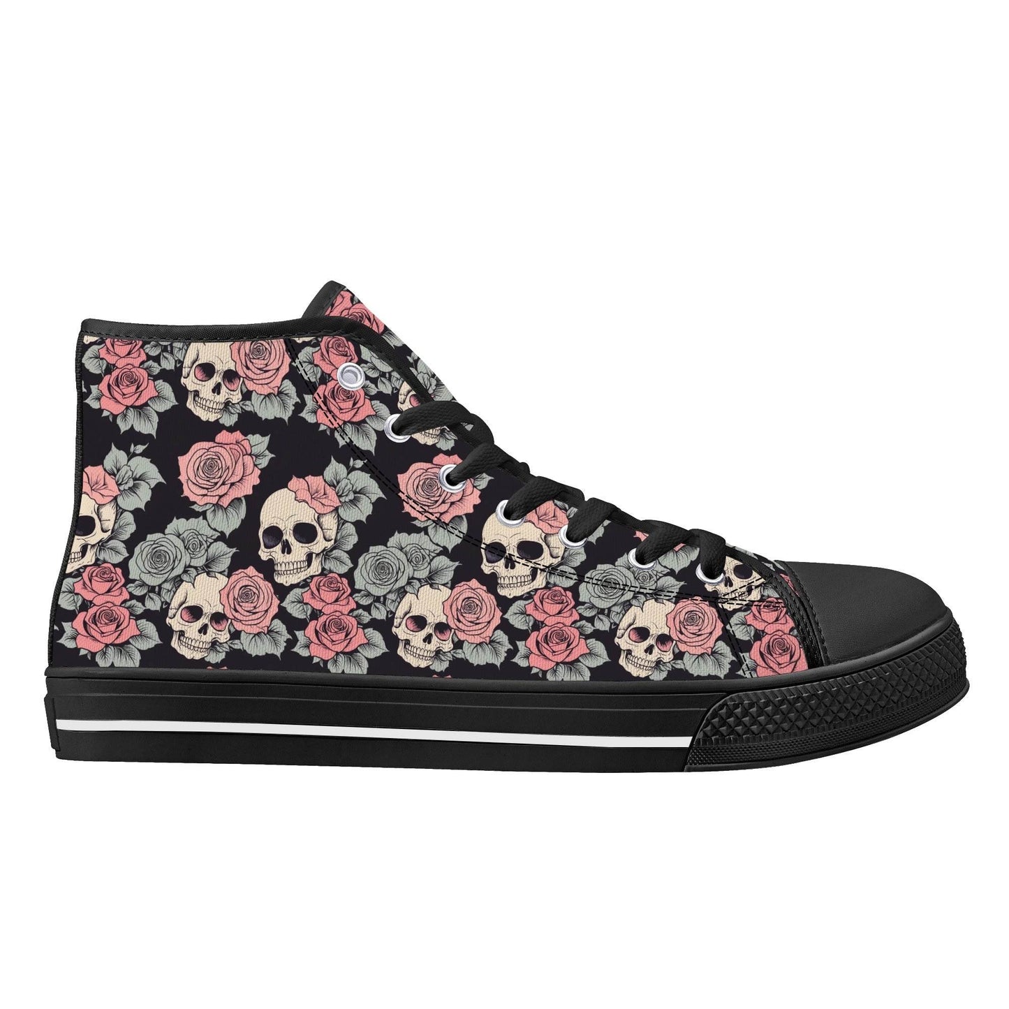 Skull and Pink Rose Men's High Top Canvas Shoes - DeRose Seasonal