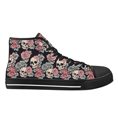 Skull and Pink Rose Men's High Top Canvas Shoes - DeRose Seasonal