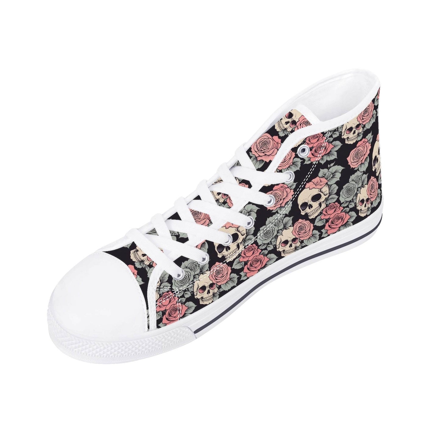 Skull and Pink Rose Men's High Top Canvas Shoes - DeRose Seasonal