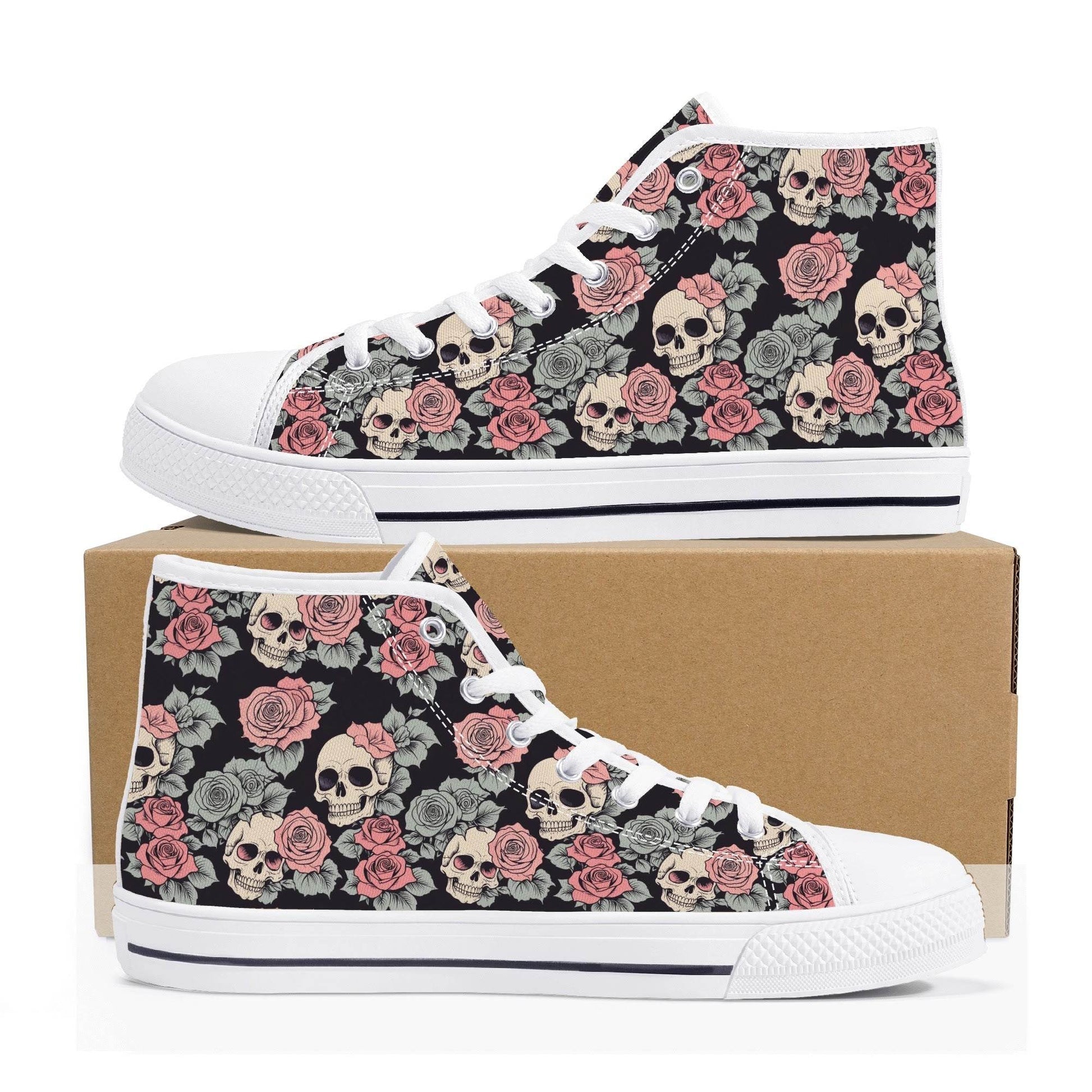Skull and Pink Rose Men's High Top Canvas Shoes - DeRose Seasonal