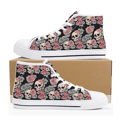 Skull and Pink Rose Men's High Top Canvas Shoes - DeRose Seasonal
