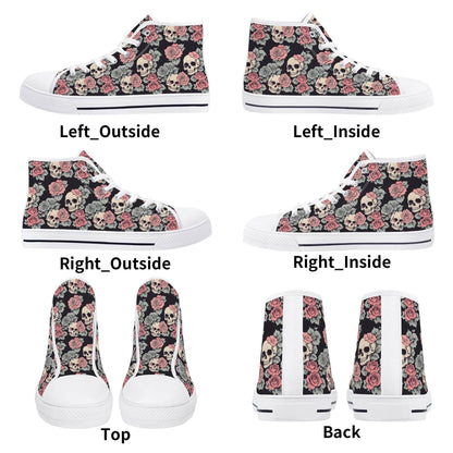 Skull and Pink Rose Men's High Top Canvas Shoes - DeRose Seasonal