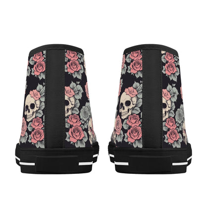 Skull and Pink Rose Men's High Top Canvas Shoes - DeRose Seasonal
