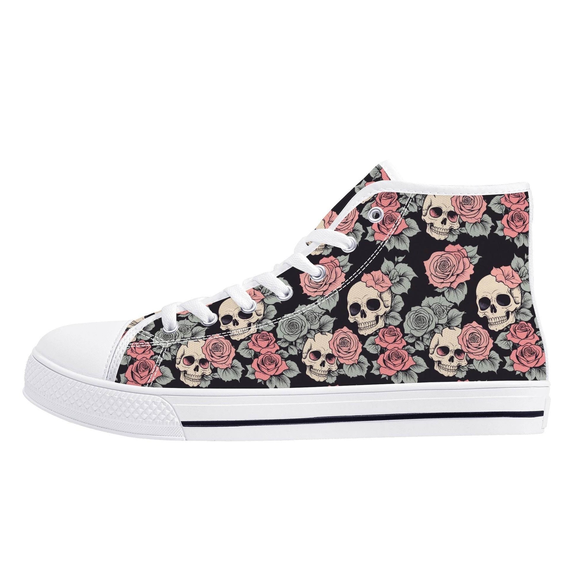 Skull and Pink Rose Men's High Top Canvas Shoes - DeRose Seasonal