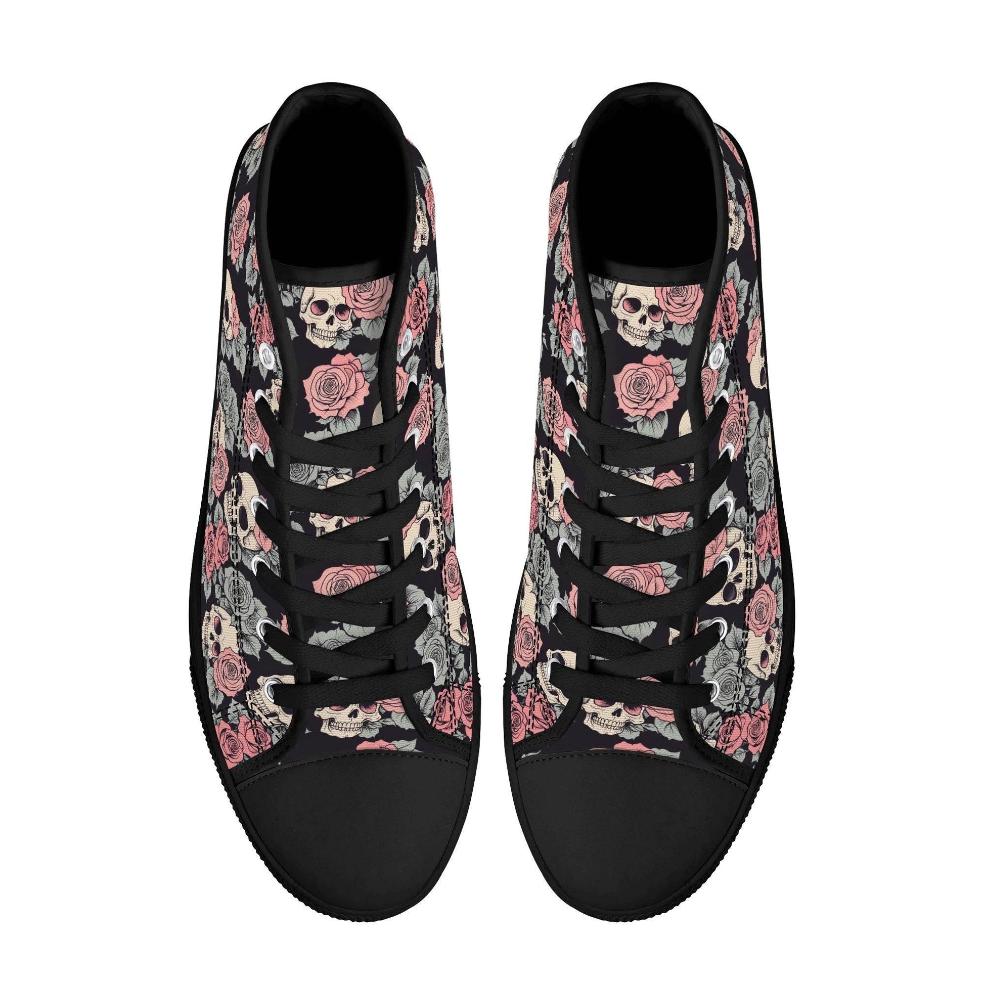 Skull and Pink Rose Men's High Top Canvas Shoes - DeRose Seasonal