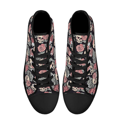 Skull and Pink Rose Men's High Top Canvas Shoes - DeRose Seasonal