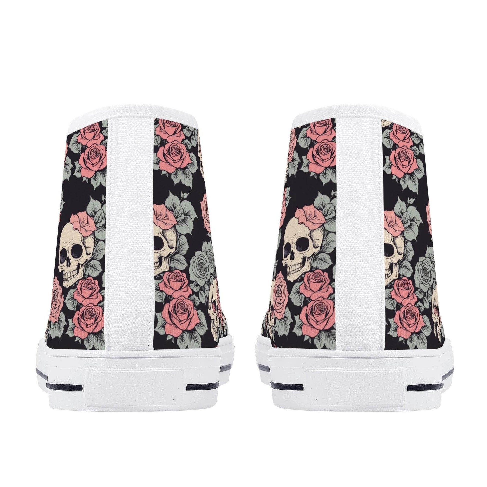 Skull and Pink Rose Men's High Top Canvas Shoes - DeRose Seasonal