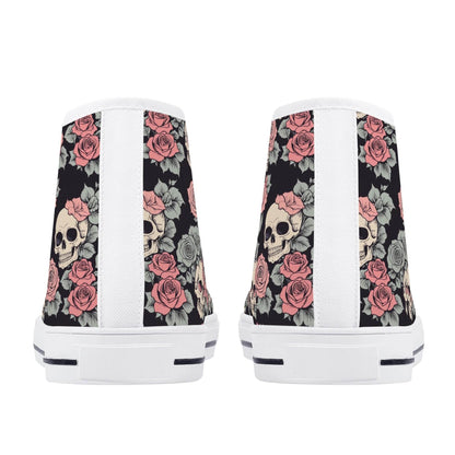 Skull and Pink Rose Men's High Top Canvas Shoes - DeRose Seasonal