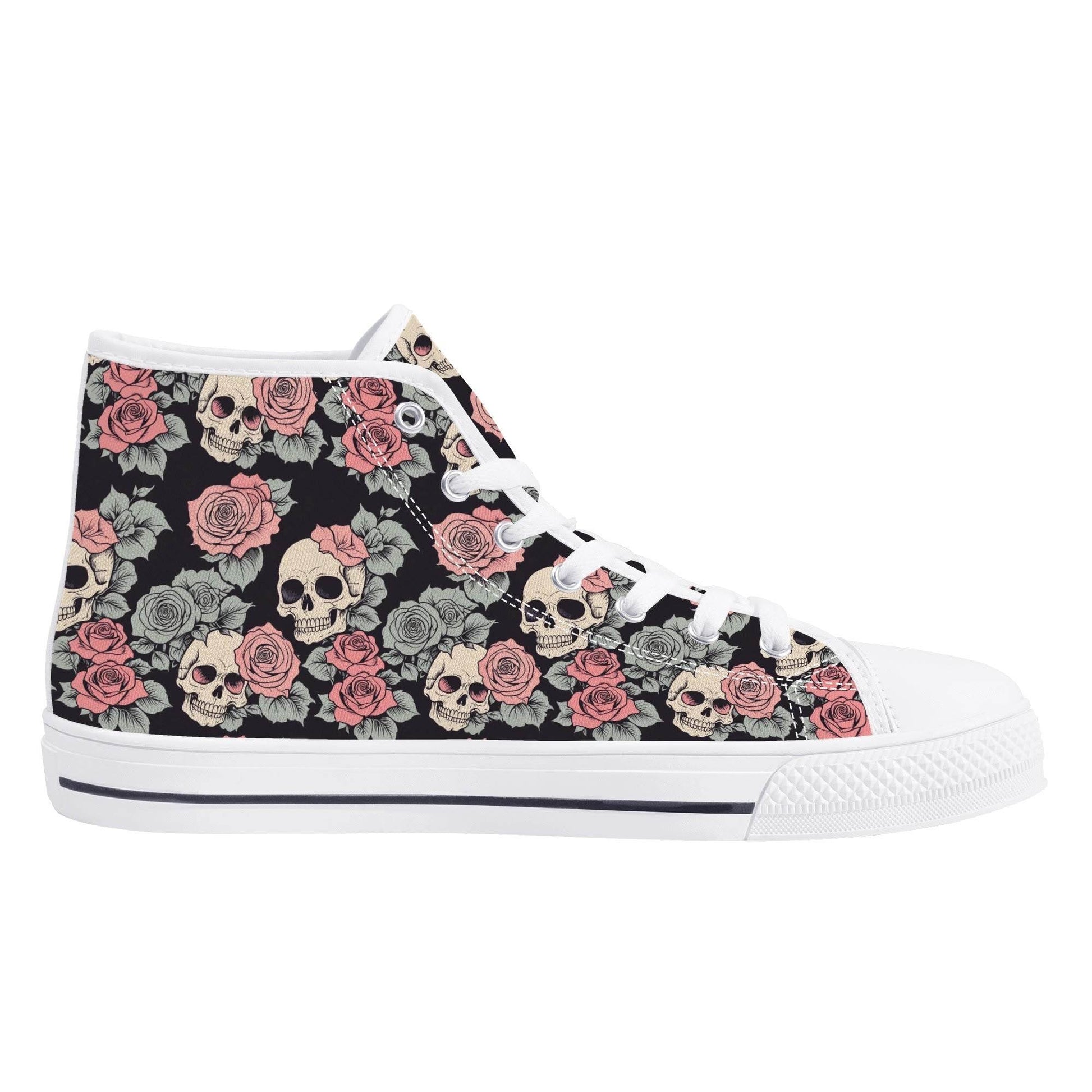 Skull and Pink Rose Men's High Top Canvas Shoes - DeRose Seasonal