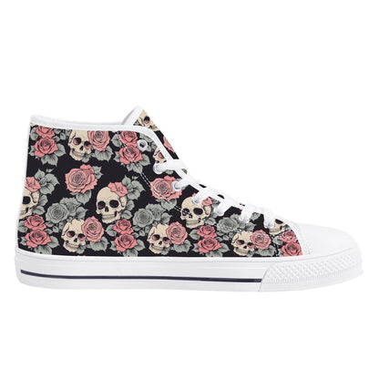 Skull and Pink Rose Men's High Top Canvas Shoes - DeRose Seasonal