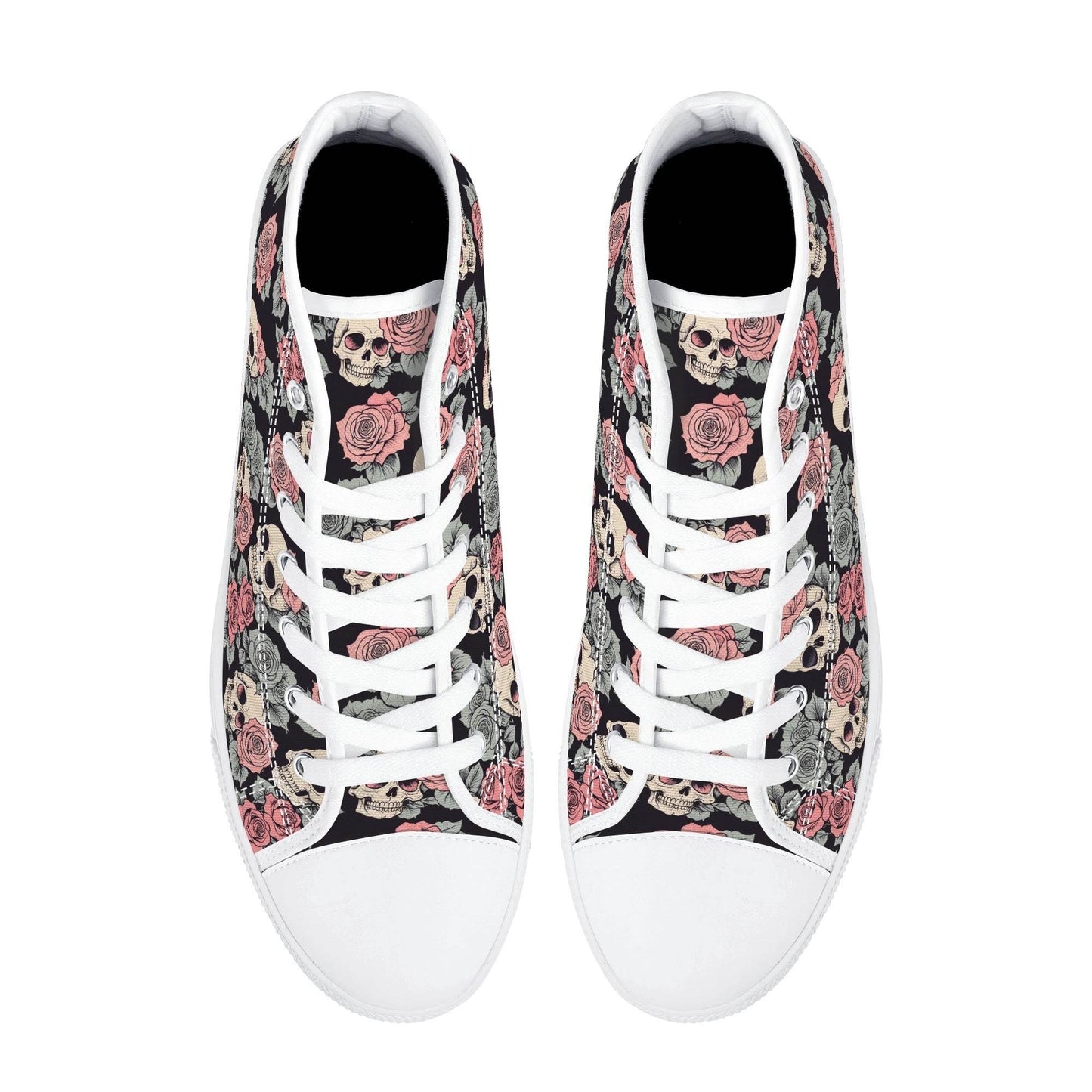 Skull and Pink Rose Men's High Top Canvas Shoes - DeRose Seasonal