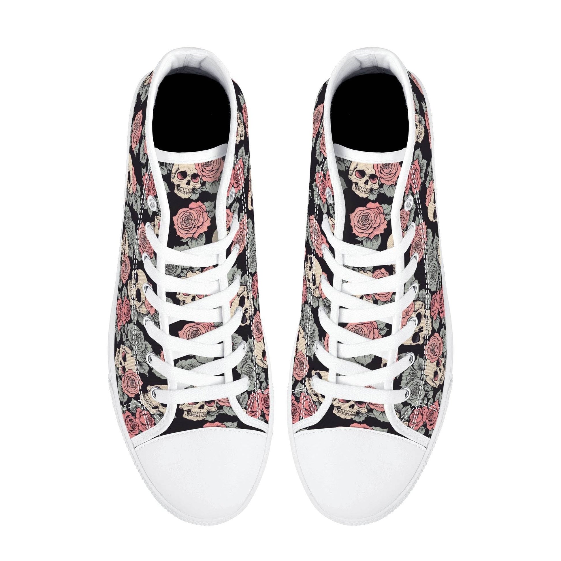 Skull and Pink Rose Men's High Top Canvas Shoes - DeRose Seasonal