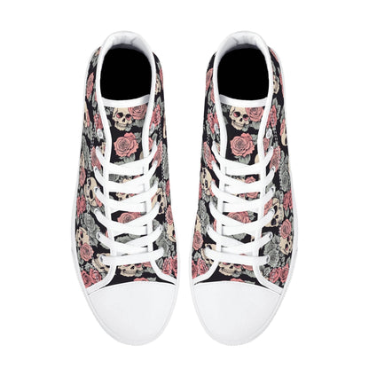 Skull and Pink Rose Men's High Top Canvas Shoes - DeRose Seasonal